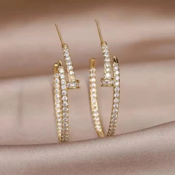 Gold Nail Crystals Hoop Earrings - Picture 2 of 6